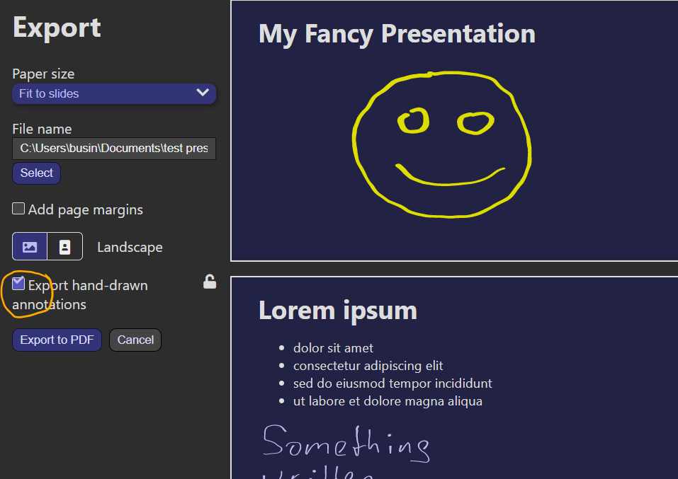 Screen shot: Checkbox to export hand-drawn annotations to PDF