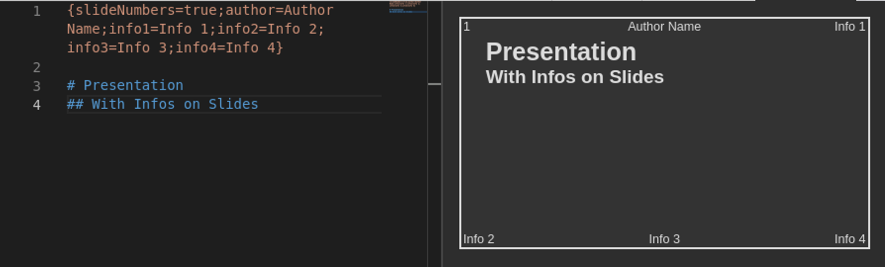 Screenshot: Editor and slide showing the slide number, author name and additional information configured in the presentation options