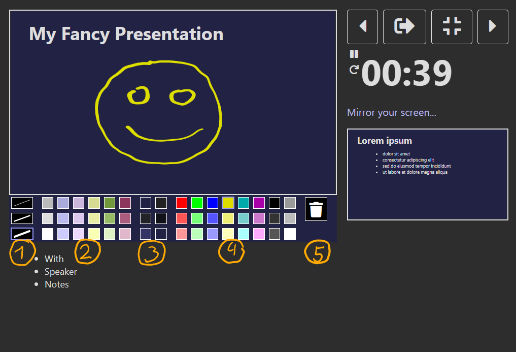 Screen shot: Options (line thickness, color, etc.) for drawing annotations on slides